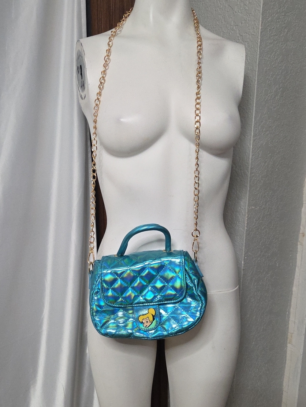 Holographic Teal Quilted Kids Crossbody Bag with Gold Chain Thinker Bell.